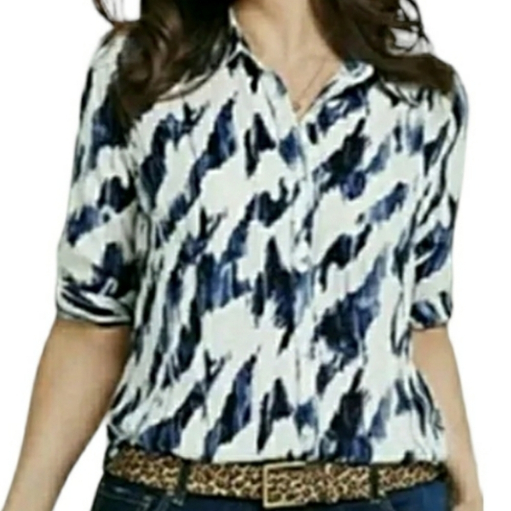 CAbi Moody Blues Button Blouse/Tunic Blue And Cream - Size Small